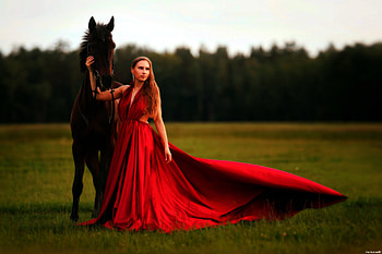 Lady In Red-, outdoor, horse, model, red, hurrcn381, dress HD wallpaper
