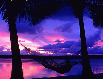 Harmony, pink and blue sky, man, clouds, hammock, palm trees, evening HD wallpaper