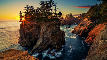 Ocean Rocks at the Oregon Coast, usa, sea, landscape, trees, sky, sunset HD wallpaper