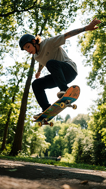 Epic Skate Trick in Midair – Perfect Vibes, helmet, forest HD phone wallpaper
