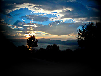 fire tree, blue sky, clouds, sun, lake, sunset, tree HD wallpaper