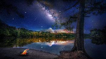 Milky Way Behind The Lake, landscape, trees, water, reflections, stars HD wallpaper