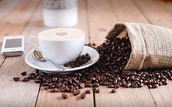 Coffee, wooden, beans, cup HD wallpaper