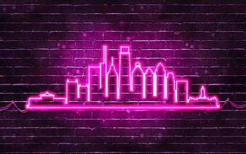 Philadelphia purple neon silhouette, , purple neon lights, Philadelphia skyline silhouette, purple brickwall, american cities, neon skyline silhouettes, USA, Philadelphia silhouette, Philadelphia HD wallpaper