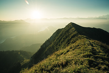Nature, Grass, Mountain, Vertex, Top, Fog, Sunlight HD wallpaper