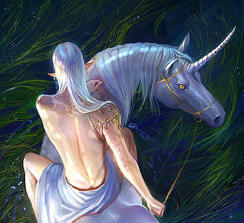 Unicorn rider, blue, horse, art, man, elf, fantasy, green, unicorn, luminos, rider HD wallpaper