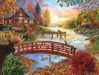 Autumn Evening, artwork, river, painting, trees, bridge, pier, cabin HD wallpaper