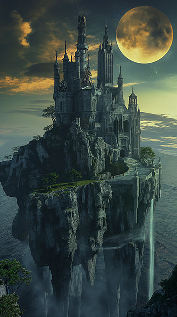 Floating Sci-Fi Castle Under the Moonlight – Stunning , sci fi castle, castle HD phone wallpaper