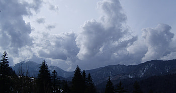 clouds, mountains, trees, a little snow, beautiful, rainy day, rainy day, a little snow, clouds, trees, beautiful, mountains HD wallpaper