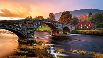 Old stone bridge, bridge, river, england, house HD wallpaper