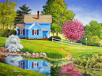 spring cottage, trees, spring, painting, house HD wallpaper