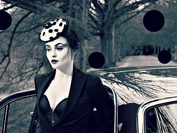 Helena Bonham Carter, blue, white, black, car, actress, woman, retro, hat HD wallpaper