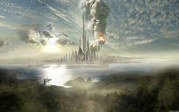 Doomed City , burning spaceship, futur city, sf, city HD wallpaper