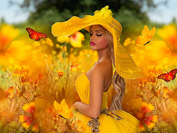 Sunny Yellow 1, hat, colorful, white, vibrant, girl, orange, dress, butterflies, vivid, green, yellow, bright, bold, flowers HD wallpaper