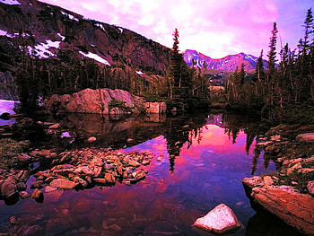 Mountain reflection, river, beautiful, stones, mountain, pink, reflection, clouds, nature, sky, water HD wallpaper