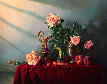 ✿⊱•╮P e a c h e s╭•⊰✿, bouquet, colors, delicate, all roses, roses, paintings, beautiful, fruits, creative pre-made, love four seasons, jug, still life, pretty, peaches, nature, flowers, lovely HD wallpaper