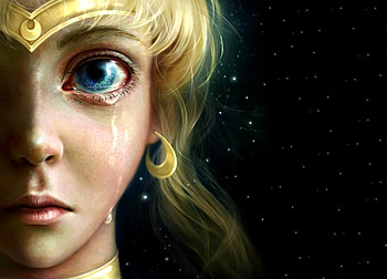 Sad Serenity, night, blonde, tears, stars, jolakotturinn, moon, uminos, art, princess serenity, blue eye, girl, anime, fantasy, sailor moon, luna, face, sky, luminos, manga, realistic HD wallpaper