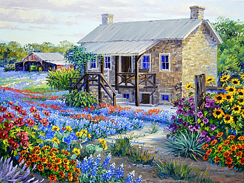 The Rock House Homestead, artwork, garden, flowers, cottage, painting HD wallpaper