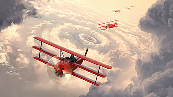 Red Baron Biplanes Flying Through Clouds, red, planes, clouds, cloud, sky, artist, artwork, art, digital-art, artstation HD wallpaper