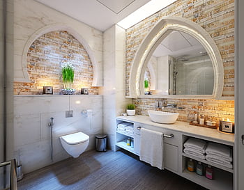 Elegant modern bathroom with marble tiles, ambient lighting, and stylish decor. HD wallpaper