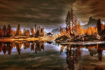 Dolomites, lake, reflections, house, nature HD wallpaper