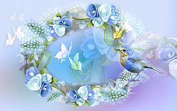 Waiting for Spring, blue, design, feathers, bird, art, spring, collage, butterflies, creation, nature, flowers, Viola Tricolor HD wallpaper