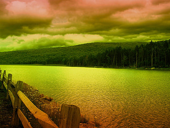 times of twilight, river, lakes, colorful, green, clouds, nature, water, gold HD wallpaper