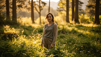 Sunlit Mom in the Woods —, Woman, Portrait, Forest, Sunlight HD wallpaper