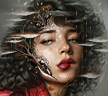 Autumn, rain, art, girl, fantasy, portrait, red, face, freckles, lips, yasar vurdem, luminos, cloud HD wallpaper