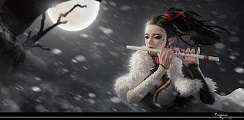 Flute singer, night, flute, frumusete, girl, fuuym, wind, instrument, moon, luna HD wallpaper