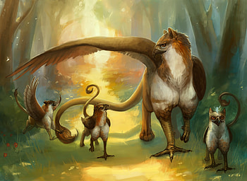 Fantasy, Forest, Path, Family, Creatures, Griffins HD wallpaper