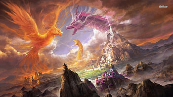 Battle for dominance, Serpent, Fight, Dragon, Fire, Phoenix, Battle, Sky HD wallpaper