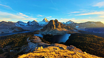 Mt Assiniboine in all its larch glory, Alberta, lakes, fall, clouds, autumn, colors, landscape, sky, canada HD wallpaper