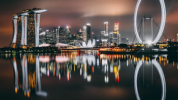 Singapore city skyscrapers, Night city lights, Reflections HD wallpaper