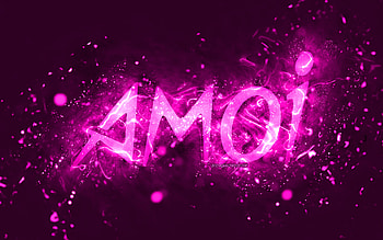 Amoi purple logo, , purple neon lights, creative, purple abstract background, Amoi logo, brands, Amoi HD wallpaper