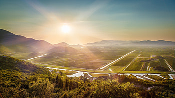 Sunny day, farms, landscape, aerial view HD wallpaper