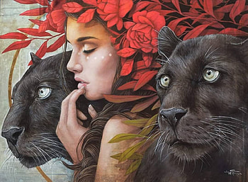:), fantasy, art, sophie wilkins, panther, red, black panther, face, animal, painting, pictura HD wallpaper