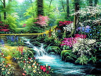 colorful stream in forest, river, color, peaceful, beautiful, bridge, flowers, beautiful day, romantic, splendor, lovely, forest, stream HD wallpaper