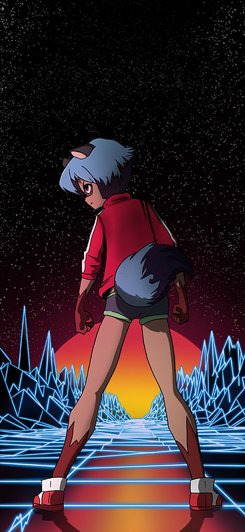 Retrowave Tanuki, electric blue, art, bna, oled, anime HD phone wallpaper
