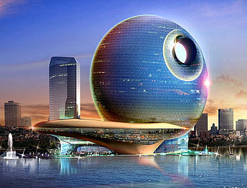 Unique hotel, sea, hotel, munipulation, unique, reflections, nice, round, buildings, fantasy, fountainm boats, lights, futuristic, water HD wallpaper