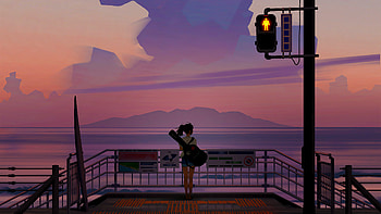 Anime Girl With Guitar Watching The Sunset , anime-girl, anime, artist, artwork, digital-art, guitar HD wallpaper