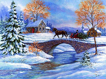 Christmas Traditions, river, winter, horse, house, artwork, painting, snow, trees, ice, cart, christmas tree HD wallpaper