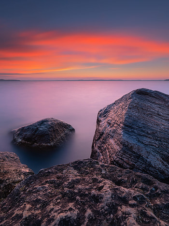 Nature, Sunset, Sky, Sea, Rocks, Horizon, Evening HD phone wallpaper