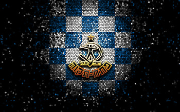 Hapoel Petah Tikva FC, glitter logo, Leumit League, blue white checkered background, soccer, Israeli football club, Hapoel Petah Tikva logo, mosaic art, football, Hapoel Petah Tikva HD wallpaper