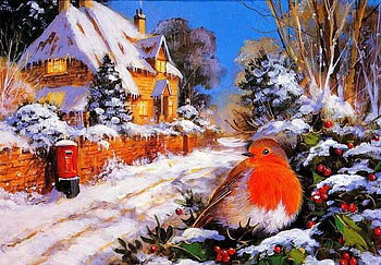 Вот еще яркая птичка и зимний домик, winter, painting, bird, art, snow, house, tree HD wallpaper