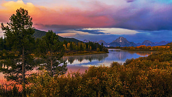 Grand Tetons, evening, Wyoming, river, trees, clouds, sky, forest HD wallpaper