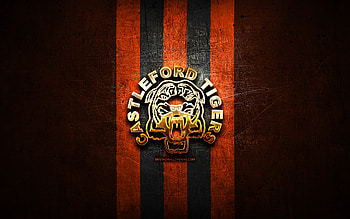 Castleford Tigers, golden logo, SLE, orange metal background, english rugby club, Castleford Tigers logo, rugby HD wallpaper