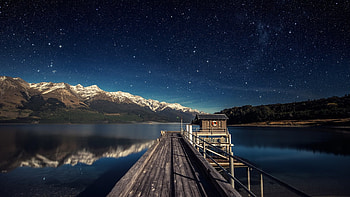 stars over lake wakatipune new zealand, pier, stars, mountains, lake HD wallpaper