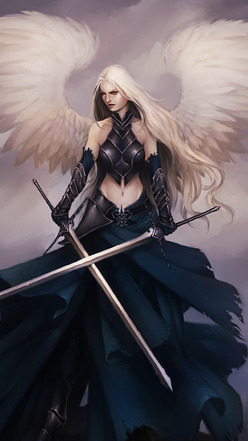 Fantasy Angel Warrior, white hair, wings, sword, angel, fantasy, woman warrior HD phone wallpaper