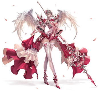 Angel, wings, white, fantasy, red, topii, girl HD wallpaper